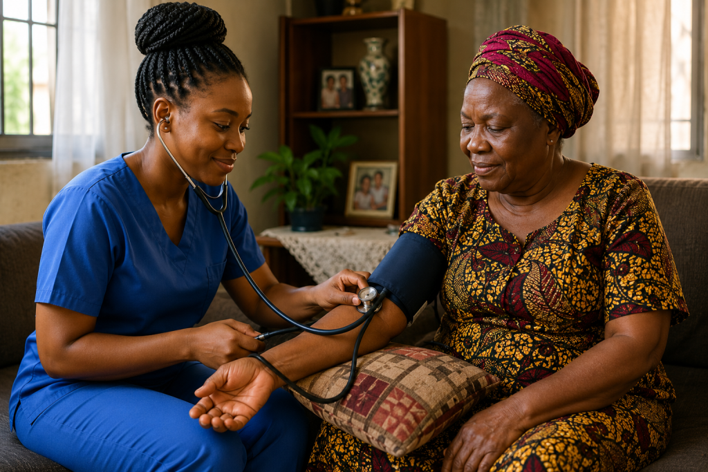 Nurse checking blood pressure at home in Yaoundé